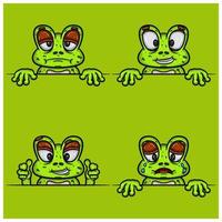 Set Of Expression Frog Face Cartoon. Bored, Crying, Smug And Happy Face Expression. With Simple Gradient. vector