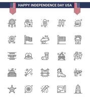 paquete de línea de 25 símbolos del día de la independencia de EE. UU. De comida hamburguesa ubicación pin comida perro de maíz elementos de diseño vectorial editables del día de EE. UU. vector