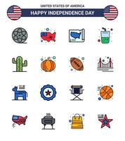 Happy Independence Day 4th July Set of 16 Flat Filled Lines American Pictograph of pumpkin american glass plent cactus Editable USA Day Vector Design Elements