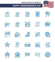 Modern Set of 25 Blues and symbols on USA Independence Day such as bloons ireland bottle cell mobile Editable USA Day Vector Design Elements
