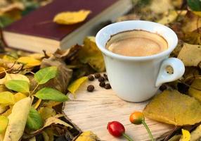 White cup of hot coffee among fallen autumn leaves photo