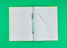 cuaderno abierto en línea y bolígrafo de gel sobre un fondo verde foto