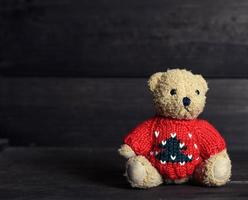 a very old brown teddy bear in a red sweater sits photo