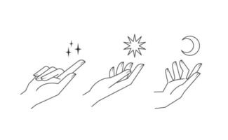 Aesthetic hands vector linear illustrations. Stylized elegant hand drawings with different gestures.