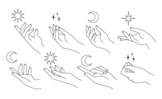 Aesthetic hands vector linear illustrations. Stylized elegant hand drawings with different gestures.