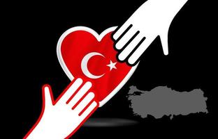 una mano amiga para las víctimas del terremoto. en el corazón. bandera turca. terremoto de pavo. Grandes terremotos en el este de Turquía el 6 de febrero de 2023. vector