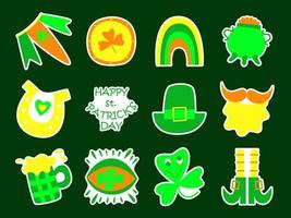 St Patrick's Day sticker set in trippy doodle style. Cute bright Irish holiday symbols and elements collection. Trendy y2k retro hippie print. Flat vector template for logo, icon, labels, banner, card