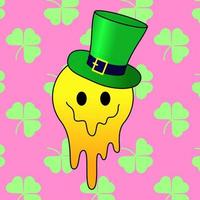 Melting or dripping smile with a leprechaun green hat. Bright smiling emoticon for St Patrick's Day on repeat background. Celebration irish holiday. Trendy y2k retro hippie print. Vector illustration