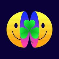 Smiling emoticon with shamrock inside. Emoji, logo or icon for Saint Patrick's Day isolated on dark background. Celebration irish holiday. Trendy y2k retro hippie print. Vector illustration