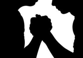 Vector silhouette in arm wrestling, powerful handshake. Muscular strong people, men, male. Two muscular arms that are wrestling.