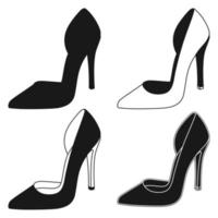 Set of outline silhouette of women shoes with heels, stilettos. Women shoes model. Stylish accessory. vector