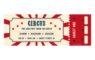 Vintage circus ticket.  Admit one coupon. Illustration of a vintage and retro design circus ticket. Circus luxury greeting card illustration. png