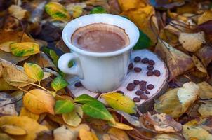 White cup of coffee on a wooden stump among the yellow foliage photo