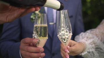 un' uomo e un' donna versare Champagne in bicchieri video