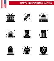 Set of 9 Modern Solid Glyphs pack on USA Independence Day hat rail holiday mine wisconsin Editable USA Day Vector Design Elements