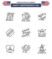 Pack of 9 USA Independence Day Celebration Lines Signs and 4th July Symbols such as party decoration states buntings hotdog america Editable USA Day Vector Design Elements