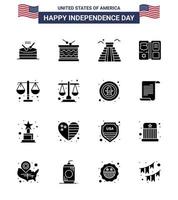 Pack of 16 USA Independence Day Celebration Solid Glyphs Signs and 4th July Symbols such as court american st shield usa Editable USA Day Vector Design Elements