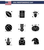 USA Independence Day Solid Glyph Set of 9 USA Pictograms of military badge native american award american Editable USA Day Vector Design Elements