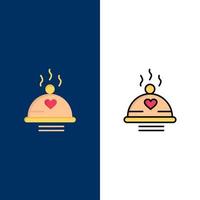 cena comida barbacoa amor san valentín iconos planos y llenos de línea conjunto de iconos vector fondo azul