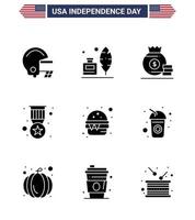 Set of 9 USA Day Icons American Symbols Independence Day Signs for food burger bag military badge Editable USA Day Vector Design Elements