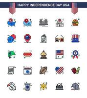 Happy Independence Day USA Pack of 25 Creative Flat Filled Lines of food burger landmark police sign police Editable USA Day Vector Design Elements