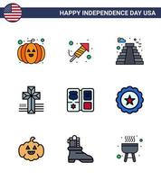 9 signos de línea plana llena de estados unidos símbolos de celebración del día de la independencia del libro de construcción de escudo de estrella elementos de diseño vectorial del día de estados unidos editables vector