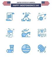 Happy Independence Day 9 Blues Icon Pack for Web and Print smoke wine army juice alcohol Editable USA Day Vector Design Elements