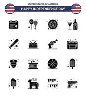 Happy Independence Day USA Pack of 16 Creative Solid Glyphs of ball bottle america flag american drink Editable USA Day Vector Design Elements