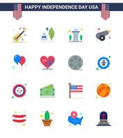 Set of 16 Modern Flats pack on USA Independence Day celebrate weapon building war army Editable USA Day Vector Design Elements