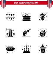 USA Happy Independence DayPictogram Set of 9 Simple Solid Glyphs of american hand thanksgiving gun usa Editable USA Day Vector Design Elements