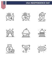 USA Independence Day Line Set of 9 USA Pictograms of sweet dessert holiday cake cream Editable USA Day Vector Design Elements