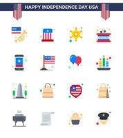 4th July USA Happy Independence Day Icon Symbols Group of 16 Modern Flats of smart phone cell men sticks drum Editable USA Day Vector Design Elements