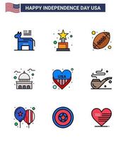 conjunto moderno de 9 líneas planas rellenas y símbolos en el día de la independencia de estados unidos, como el corazón de rugby blanco, casa de estados unidos, elementos de diseño vectorial editables del día de estados unidos vector