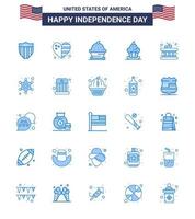 Modern Set of 25 Blues and symbols on USA Independence Day such as police sticks cake instrument thanksgiving Editable USA Day Vector Design Elements