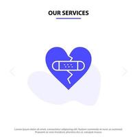 nuestros servicios emociones rotas perdón corazón amor icono de glifo sólido plantilla de tarjeta web vector