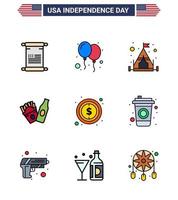 Happy Independence Day 4th July Set of 9 Flat Filled Lines American Pictograph of sign money camp usa frise Editable USA Day Vector Design Elements