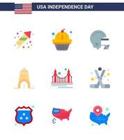 Big Pack of 9 USA Happy Independence Day USA Vector Flats and Editable Symbols of landmark gate american bridge building Editable USA Day Vector Design Elements