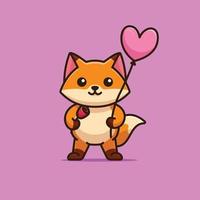 Cute fox holding a rose and love balloon vector cartoon illustration animal love isolated