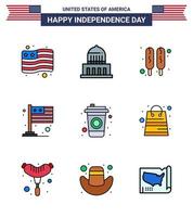 9 señales de línea llenas planas para el día de la independencia de estados unidos bolsa cola hot dog botella elementos de diseño vectorial editables internacionales del día de estados unidos vector