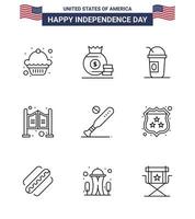 Pack of 9 creative USA Independence Day related Lines of bat ball american western household Editable USA Day Vector Design Elements