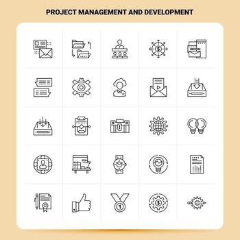 OutLine 25 Project Management and Development Icon set Vector Line Style Design Black Icons Set Linear pictogram pack Web and Mobile Business ideas design Vector Illustration