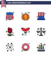 9 USA Flat Filled Line Signs Independence Day Celebration Symbols of court frankfurter hat food usa Editable USA Day Vector Design Elements