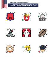 9 USA Flat Filled Line Signs Independence Day Celebration Symbols of entertainment camp building tent white Editable USA Day Vector Design Elements