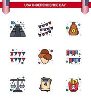 9 USA Flat Filled Line Signs Independence Day Celebration Symbols of american day cowboy money usa garland Editable USA Day Vector Design Elements