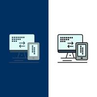 Computer Monitor Mobile Cell  Icons Flat and Line Filled Icon Set Vector Blue Background