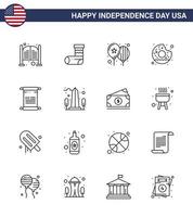 Line Pack of 16 USA Independence Day Symbols of scroll yummy gift round party Editable USA Day Vector Design Elements