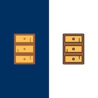 gabinete seguro armario armario iconos planos y llenos de línea conjunto de iconos vector fondo azul