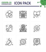 Covid19 Protection CoronaVirus Pendamic 9 Line icon set such as quarantine building heart sports gym viral coronavirus 2019nov disease Vector Design Elements