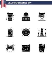 Pack of 9 USA Independence Day Celebration Solid Glyphs Signs and 4th July Symbols such as star usa director drink bottle Editable USA Day Vector Design Elements