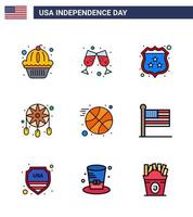 USA Independence Day Flat Filled Line Set of 9 USA Pictograms of sports basketball security western decoration Editable USA Day Vector Design Elements